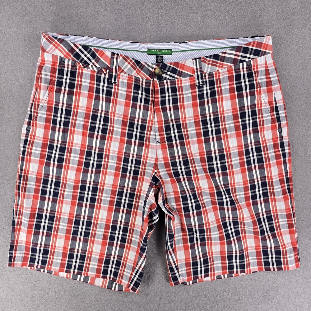 Tommy Hilfiger Golf Shorts Men's 42 Plaid Chinos White Red‎ Blue Preppy Academia